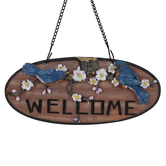 12&#x22; Bluebirds &#x26; Flowers Hanging Welcome Sign